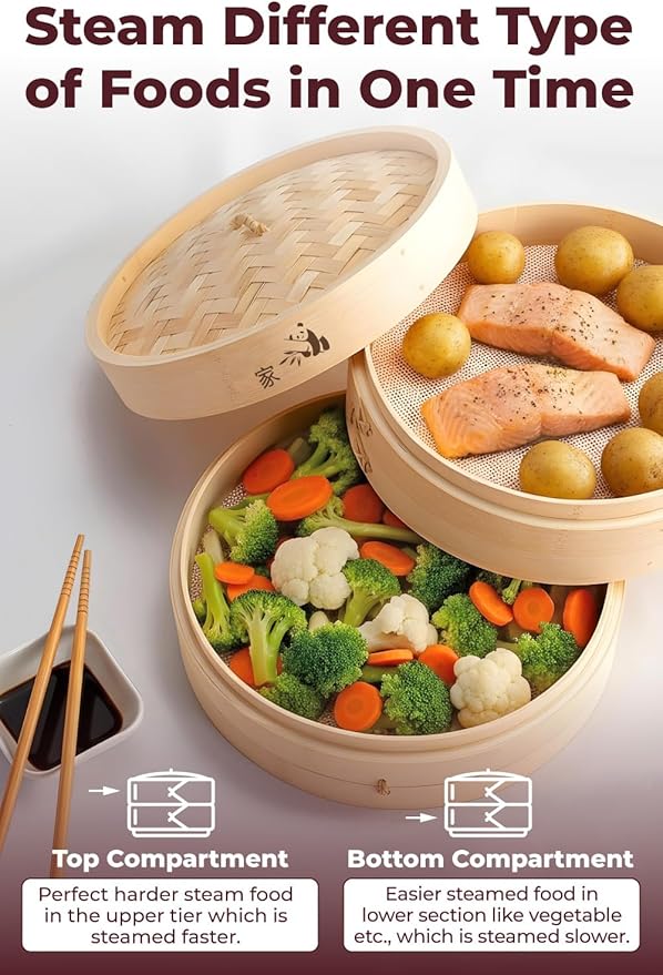 Prime Home Direct Bamboo Steamer Basket 10-Inch | 2-Tier Steamer for Cooking | 50 Liners, Chopsticks, Sauce Dish | Steaming Asian Food, Bao Buns, Chinese, Dim Sum, Dumpling, Rice, Vegetable Steam Pot