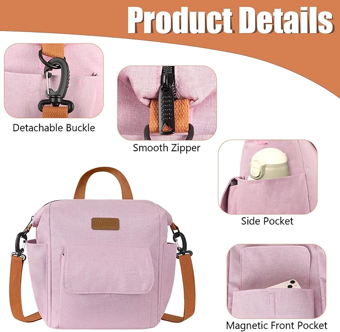 Joymee Lunch Bag Women Insulated Lunch Box Reusable Leakproof Large Spacious Cooler Tote for Women Men Adult with Bottle Holder and Side Pockets for Work Office Travel Picnic -08 Pink