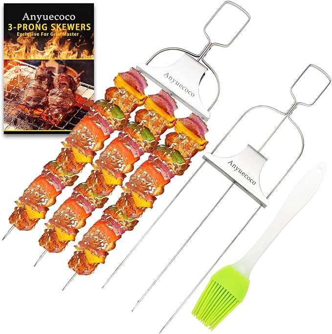 Skewers for kabobs,2 PCS 14-Inch 3 Way Kabob Skewers for Grilling,Stainless Steel Skewer,With Push Bar Reusable Metal Skewer,Kabob Sticks,Perfect For Meat,Chicken,Sausages,Veggies,shrimp
