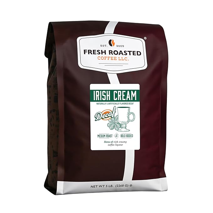 Fresh Roasted Coffee, Decaf Irish Cream Flavored Coffee, 5 lb (80 oz), Medium Roast, Kosher, Whole Bean