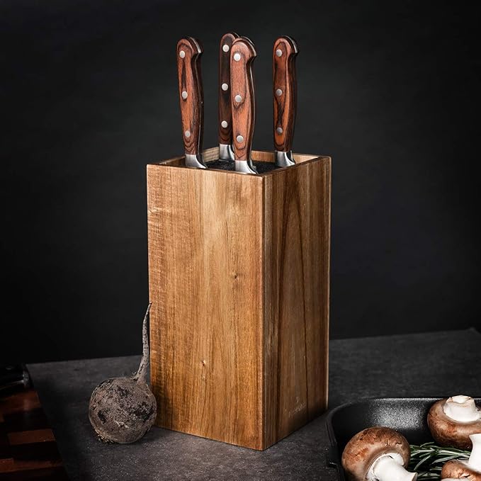 Navaris Wooden Kitchen Knife Block - Universal Bristle Knife Holder Storage Stand - Acacia Wood Knife Block - Upright Design 9.4 x 4.7 x 4.7 inches