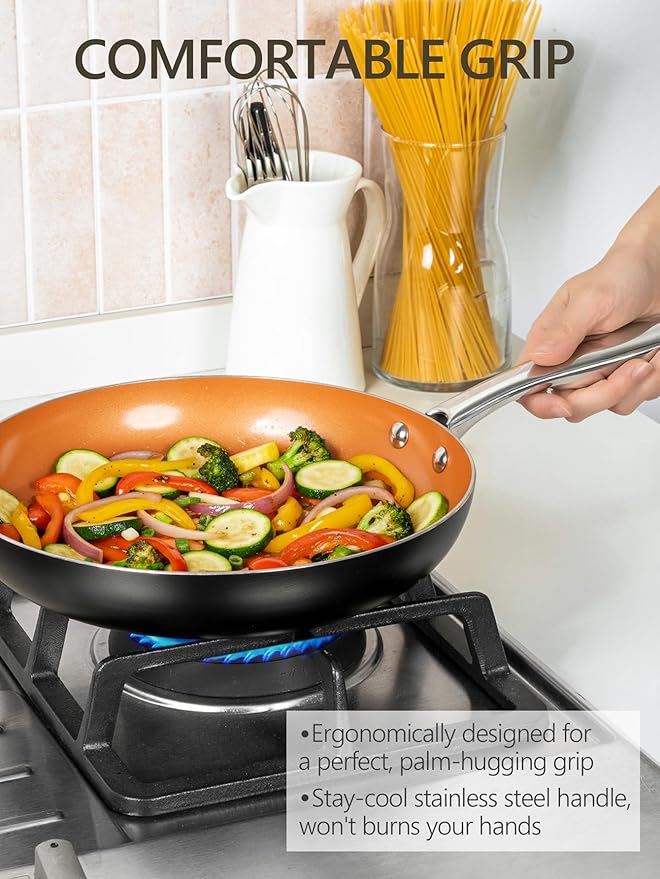 MICHELANGELO 10 Inch Copper Nonstick Frying Pan with Lid, Scratch Resistant Ceramic Coating, Oven and Dishwasher Safe