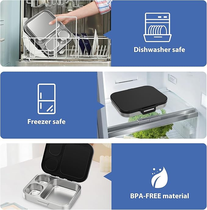 Stainless Steel Bento Lunch Box for Kids | 3-Compartment Lunch Box Container Kids | 100% Leakproof, Eco-Friendly, Perfect Portion Control for Kids&Adult Healthy Meals (Black)