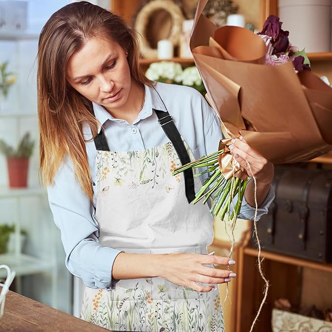 Britimes Floral Yellow Flowers Green Apron Home Kitchen Cooking Baking Gardening for Women Men with Pockets 32x28 inch