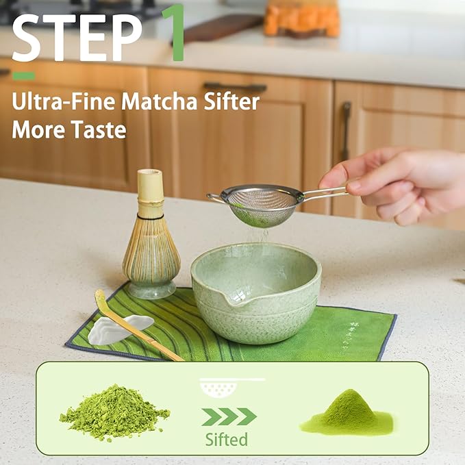 Matcha Whisk Set, 7 Pcs Matcha Set Includes Bowl, Whisk, Holder, Sifter, Bamboo Scoop, Spoon Rest and Tea Towel - Matcha Kit for Matcha Lovers (Mottled Green)
