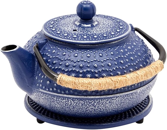 Juvale Cast Iron Teapot with Infuser - Blue, 27 oz (800 mL) - Stovetop Tea Kettle for Loose Leaf Tea - Includes Stainless Steel Infuser & Trivet