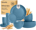 Wheat Straw Dinnerware Sets, 32 PCS Dishes Set for 8, Unbreakable Lightweight Reusable Plates and Bowls Sets for Kitchen Outdoors RV Camping Patio, Dishwasher & Microwave Safe - Blue