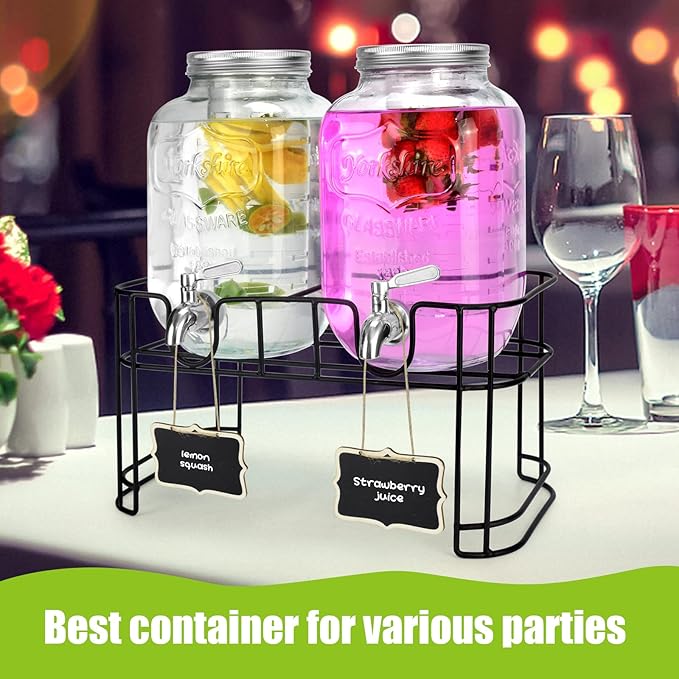 1 Gallon Glass Drink Dispensers For Parties 2PACK.Beverage Dispenser,Glass Drink Dispenser With Stand And Stainless Steel Spigot 100% Leakproof.Lemonade Dispenser With Ice Cylinder.Laundry Detergent
