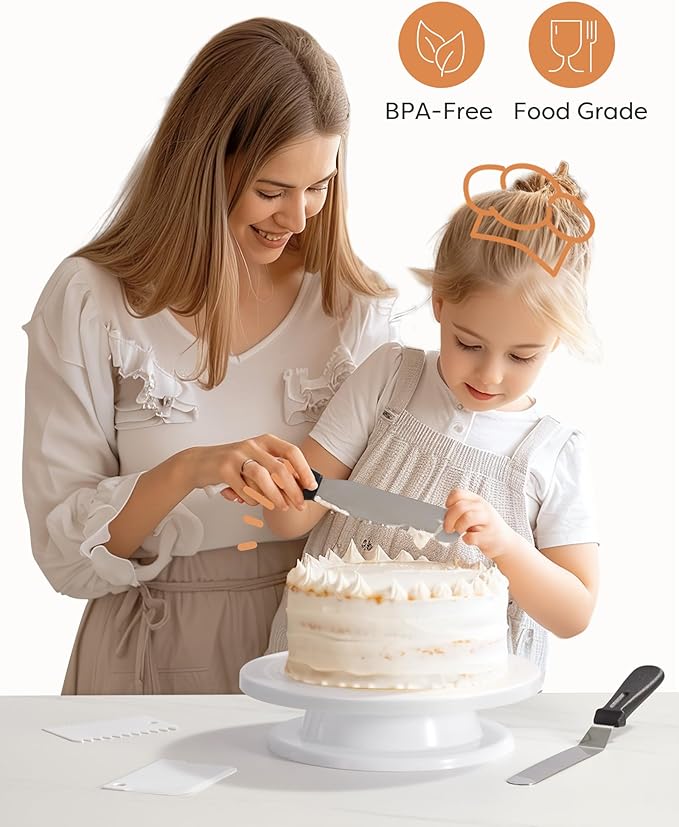 Kootek Cake Decorating Kit Baking Supplies Set Cake Turntable with 2 Frosting Straight Angled Spatula 3 Icing Smoother Scrapers Baking Accessories Tools for Beginners and Pros, White