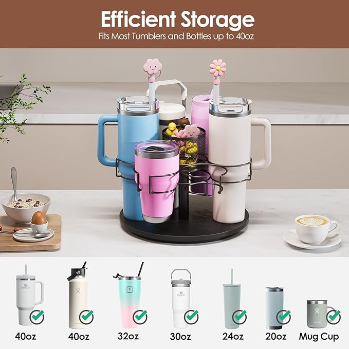Water Bottle Organizer for 20/30/40oz Stanley & Other Large Tumbler, 6 Slots Stanely Cup Organizer with Straw Sleeve, Cup Bottle Holder for Cabinet Home Countertop Pantry Shelf, Black