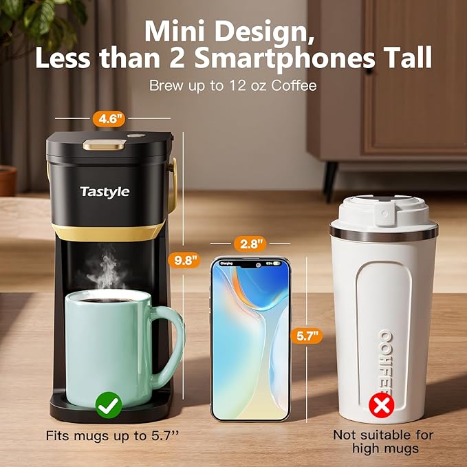 Single Serve One Cup Coffee Maker, for K Cups and Grounds, Mini Coffee Maker with Portable Handle, 6 to 12 Oz Brew Size, for Travel, Camping, Office, RV and Dorm, 120V, Black and Gold