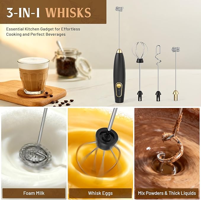 Rechargeable Milk Frother Wand with Stand, Electric Handheld Coffee Frother with 3 Detachable Whisks, Travel Milk Foamer for Protein Powder, Drinks, Espumador de Leche Electrico Black