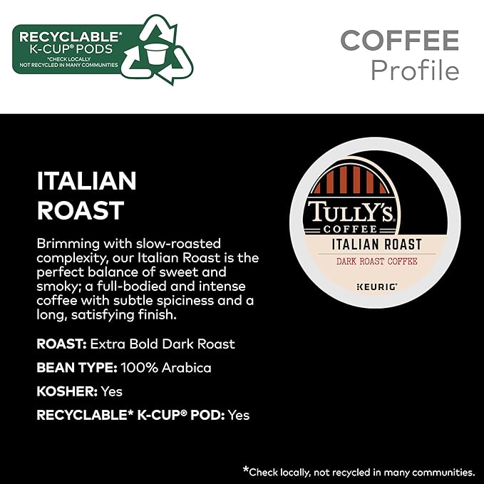Tully's Coffee Italian Roast, Keurig Single-Serve K-Cup Pods, Dark Roast Coffee, 60 Count (6 Packs of 10)
