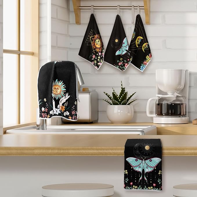 Boyiee Set of 6 Witchy Kitchen Towels Boho Tea Towels Absorbent Mushroom Floral Dish Towels 24 x 16'' Gothic Dish Towels Sun Moon Star Butterfly Hand Towels Gifts for Farmhouse Kitchen Bathroom