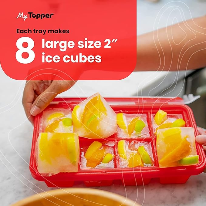 IceTopper Ice Cube Tray with 2 Attached Lids - Easy Release Ice Cube Molds, 14 Cubes per Tray, Stackable & Dishwasher Safe, 100% Food Grade, BPA Free & Recyclable (XL, 1 Pack)
