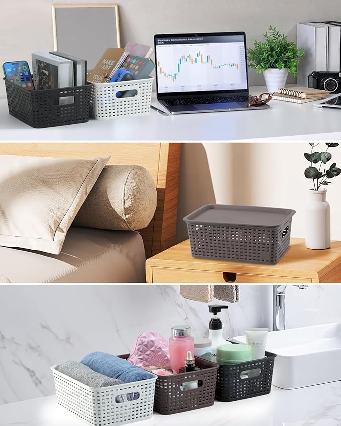 AREYZIN Lidded Storage Bins Plastic Storage Baskets With Lid Organizing Container Knit Storage Organizer Bins for Shelves Drawers Desktop Playroom Classroom Office, 6 Pack,Brown