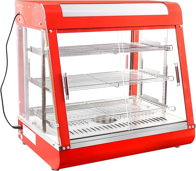 Whalefall 3-Tier Food Warmers Countertop, 27 inch Commercial Warm for Food Pizza Warmer w/ 3D Heating with Stainless Frame Sliding Glass Doors Pastry Display Case for Buffet Restaurant,Red