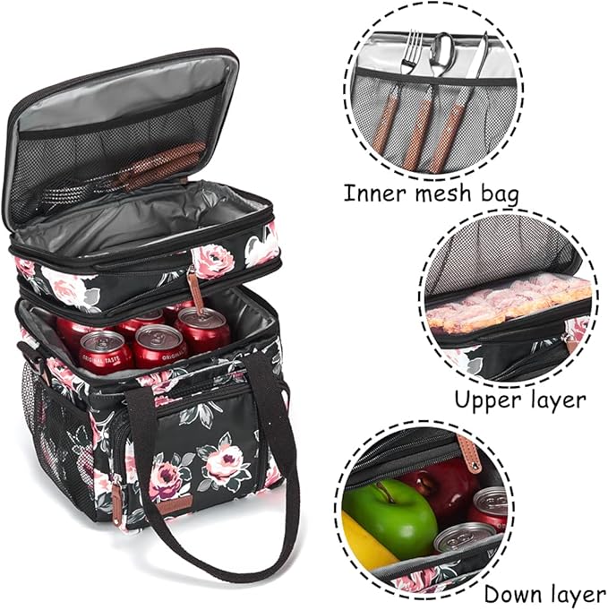MOV COMPRA Lunch Bag Women Flower Insulated Lunch Box for Work, Expandable Large Lunch Bag, Leakproof Double Deck Lunch Box Cooler Bag with Removable Shoulder Strap（Flower）