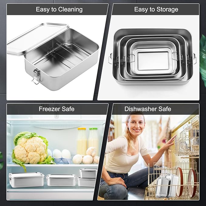 Umigy 4 Pcs Stainless Steel Food Containers 850/1400ml Metal Bento Lunch Box Stainless Steel Food Storage Containers, Lockable Clips to Leak Proof, Reusable Dishwasher Snack Boxes for Work