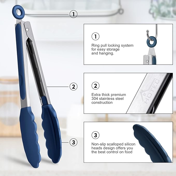HOTEC Premium Stainless Steel Locking Kitchen Tongs with Silicon Tips, Set of 2-9" and 12", Classic Blue