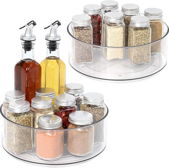 Tiblue Lazy Susan, 2 Pack Round Plastic Clear Rotating Turntable Organization & Storage Container Bins for Cabinet, Pantry, Fridge, Countertop, Kitchen, Spinning Organizer for Spices, Condiments