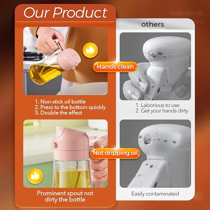 YARRAMATE 16oz/470ml Glass Olive Oil Sprayer for Cooking with Stickers, 2 in 1 Oil Dispenser for Kitchen Gadgets, Food Grade Premium Spray Bottle for Salad, Frying, BBQ (PeachPink)