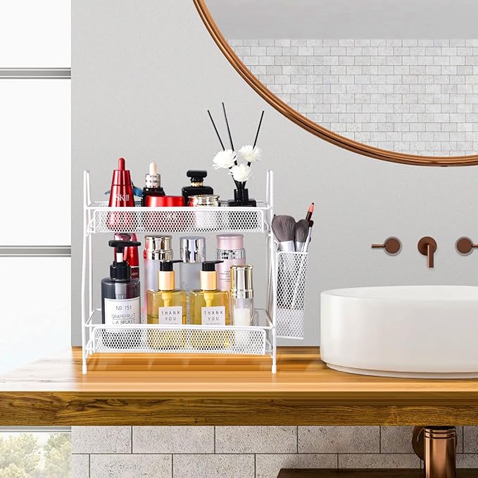 LEMIKKLE Countertop organizer for bathroom counter, bathroom organizers and storage, spice rack organizer for kitchen counter shelf with small basket(White)