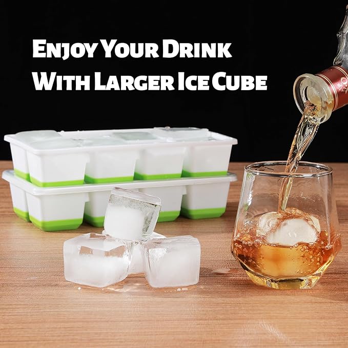 Large Ice Cube Trays with Lid, Jrisbo 2 Pack Stackable Silicone Ice Cube Molds for Freezer, Easy Release 16 Big Square Ice Trays for Whisky Cocktails