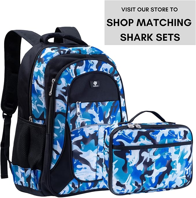 Fenrici Lunch Box for Boys, Kids Insulated Lunch Bag, Soft Sided Compartments, Spacious, BPA Free, Food Safe, 10.8in x 8.5in x 2.8in, Shark, Camo