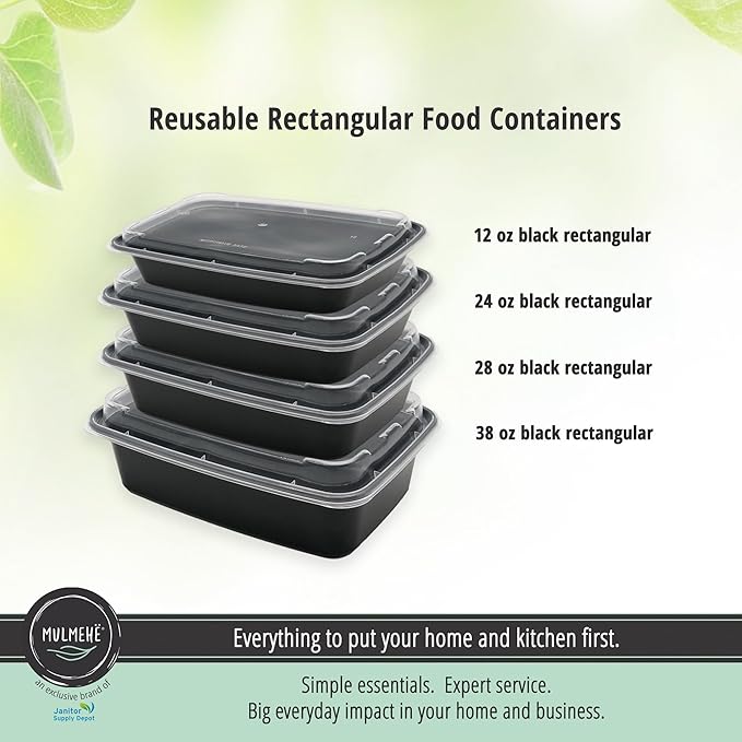 MULMEHË Plastic Food Storage Take-Out Container and Lid Combo, 38 oz, Microwaveable, Rectangular, Black, 8.5x6x2, Set of 150