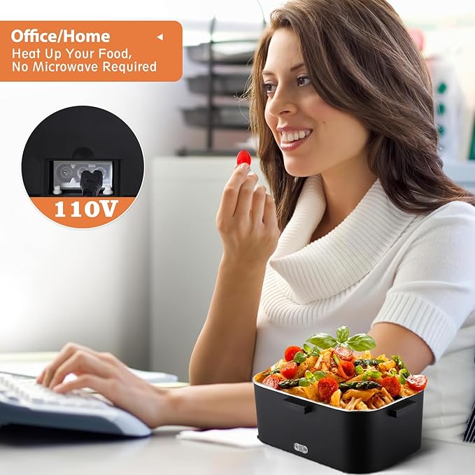 Nifogo Electric Lunch Box for Adults with 2 Stainless Steel Containers 1.8L 80W Heated Lunch Boxes for Men Electric LunchBox Food Heater Portable 12/24/110V for Work Car Truck (Black)