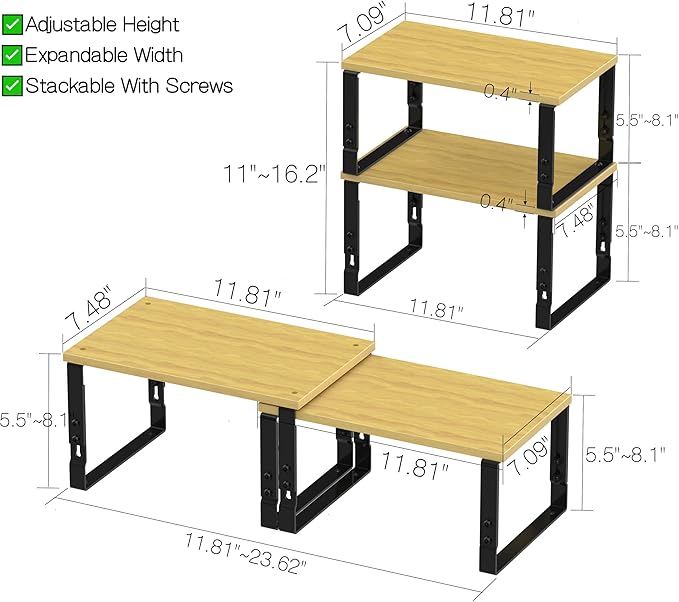 Adjustable Storage Shelves for Kitchen Cabinet Organization - Set of 2 Stackable Metal & Solid Wood Racks, Space-Saving Design for Countertop/Pantry/Garage, Easy Assembly(1 Pack/Medium/Black)