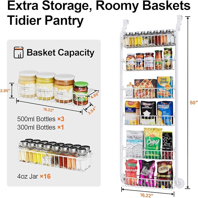Delamu Over the Door Pantry Organizer, 6-Tier Pantry Organizers and Storage, Metal Cabinet Door Organizer, Hanging Spice Rack Shelves for Home & Kitchen, D5 x W18 x H50 inch, White