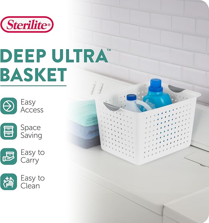 Sterilite 12-Pack Deep Ultra Basket, Open Top Plastic Storage Organizer, White - Classic Baskets for Organizing Countertops, Pantry Shelves, Kitchen Cabinets, Laundry Rooms or Home Offices