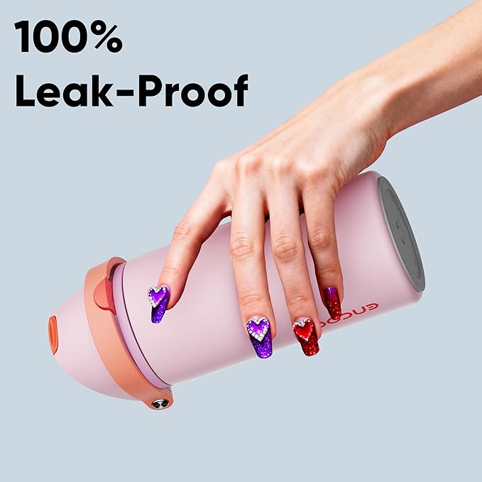 Insulated Water Bottle with Straw - Encool Stainless Steel Water Bottle with Push Button Lid, Leak-Proof & BPA-Free, Keeps Cold for 24 Hours for Sports, Travel, Gym (18 oz, Lily-Red)
