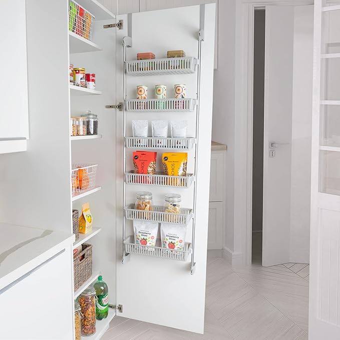 Smart Design Over-the-Door Organizer for Storage – Perfect for Pantry Organization, Bedroom, Bathroom Storage, Playroom, or Kitchen - Adjustable Steel Frame with 6 Baskets & Wall Mount – Grey …
