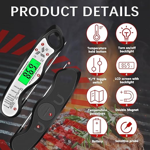 Meat Thermometer Digital，IP67 Waterproof Cooking Thermometer with Backlight, Calibration & Hold Function，Food Thermometer for Cooking,Outdoor Grilling，Suitable as Stocking Stuffers for Men
