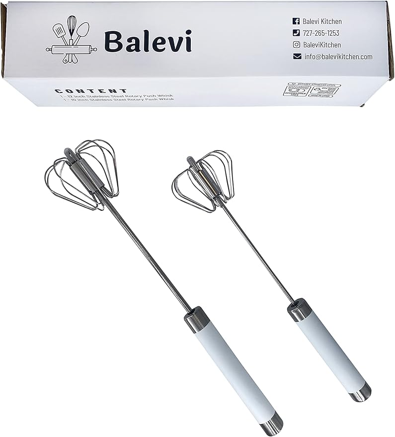 Stainless Steel Push Whisk - Easy to Use Manual Hand Mixer & Plunger Whisk - Make Froth, Foam & Whipped Cream - Semi Auto Egg Beater Plastic Tip Won’t Scratch Pans (2 Pack 10in & 12in) WHITE