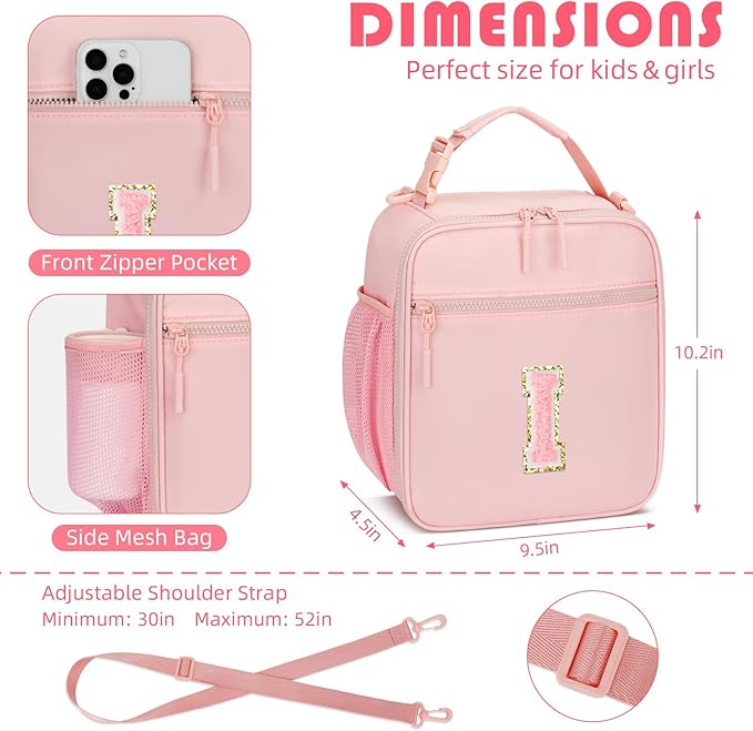 Initial Insulated Lunch Bag for Girls Kids, Back to School Gift, Reusable Leak-proof Lunch Box with Adjustable Strap for School Daycare Travel Picnic (Pink,I)