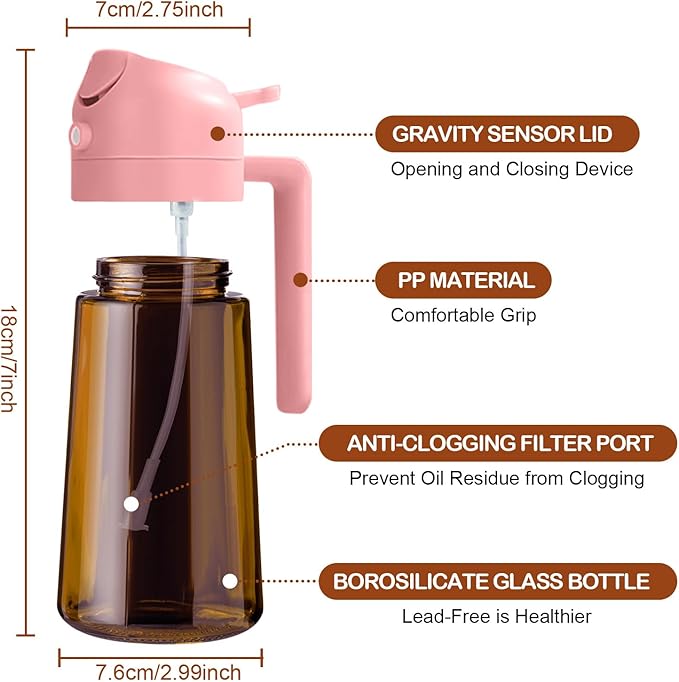 YARRAMATE 2Pcs 16oz/470ml Dark Brown Oil Sprayer for Cooking with Stickers, Food-grade Premium 2 in 1 Olive Oil Dispenser Bottle for Kitchen Gadgets, Air Fryer, Salad, Frying, BBQ (Pink&Black)