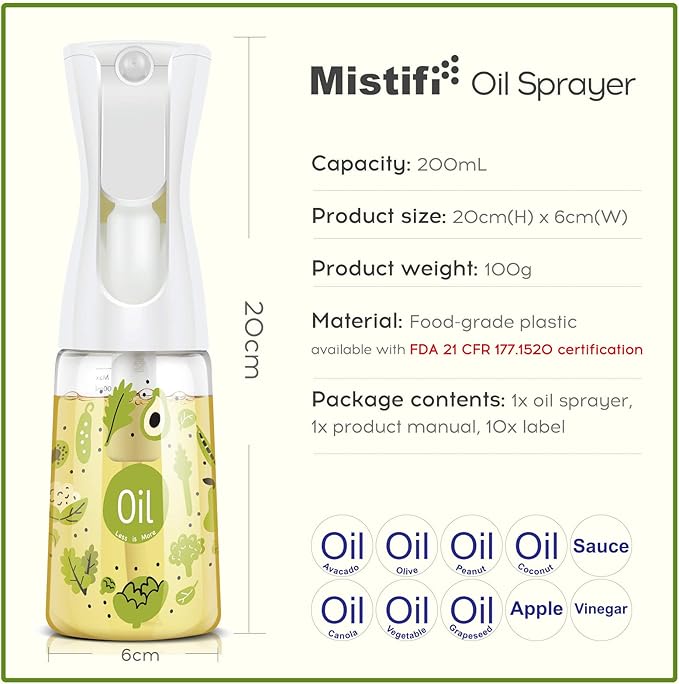 Mistifi Oliver Oil Sprayer for cooking, Spray bottle 6oz, Non-Aerosol Refillable Dispenser Oil Mister FS601 Green Vegetable