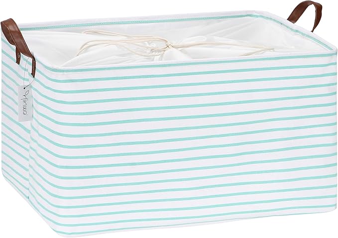 Hinwo 70L Extra Large Storage Bins, Closet Organizers and Storage, Foldable Clothes Storage Baskets with Handles, Containers for Clothing, Blanket, Comforters, Toys, Bedding (Mint Stripe)
