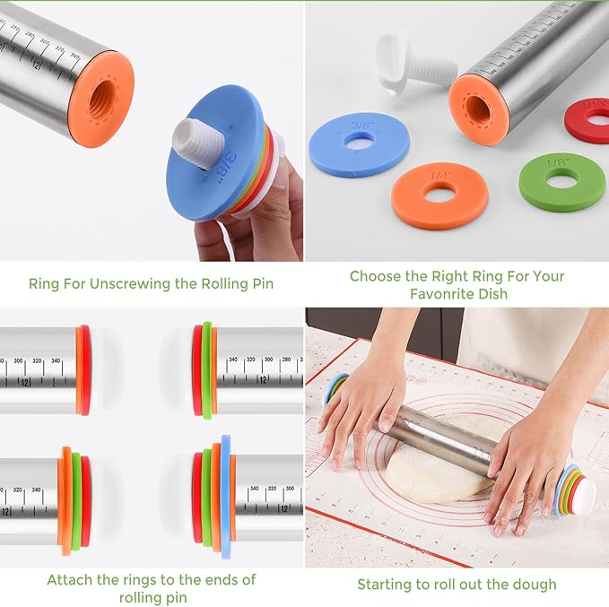 Rolling Pin nonstick and Silicone Baking Pastry Mat combo kit, Adjustable Rolling Pin With Thickness Ringsfor Baking Fondant, Pizza, Pie, Pastry, Pasta, Dough, Cookies (black)