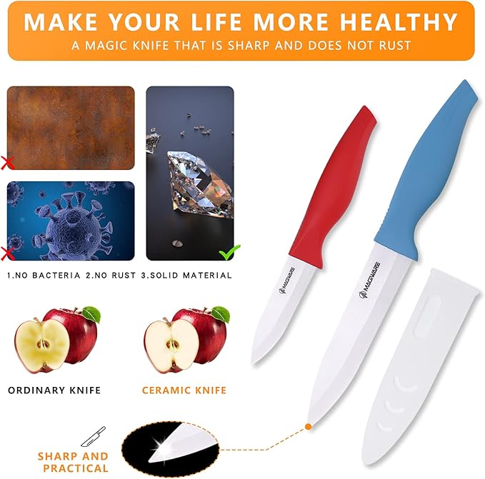 6-Piece Ceramic Paring Knife Set with Sheaths - Sharp and Healthy (5in Utility, 4in Fruit, 3in Paring Knife) - Red