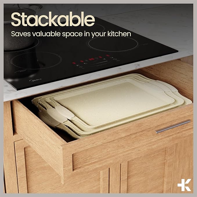 BAKKEN Cookie Sheets for Baking Nonstick Set - 3-Piece Stackable Carbon Steel Baking Sheet Pans Set with Silicone Handles, Non Toxic Cookie Sheets for Baking Bakeware Set - White Marble