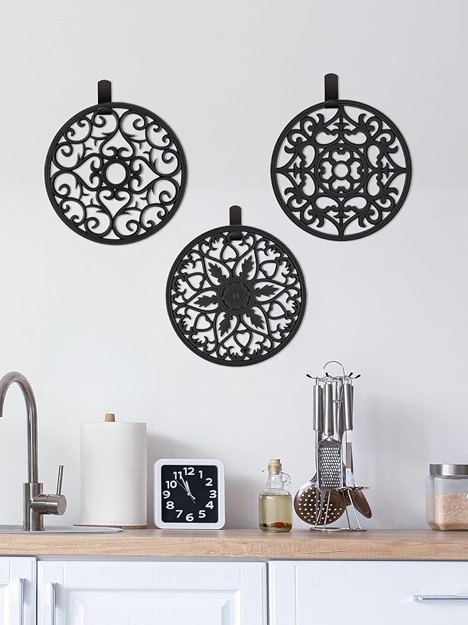 SMARTAKE 6 Set Silicone Trivet Mats, Multi-Use Intricately Carved Coasters, Insulated Non-Slip Durable Kitchen Mats, Flexible Modern Kitchen Table Mat, for Hot Dishes, Pots, Countertop (Black)