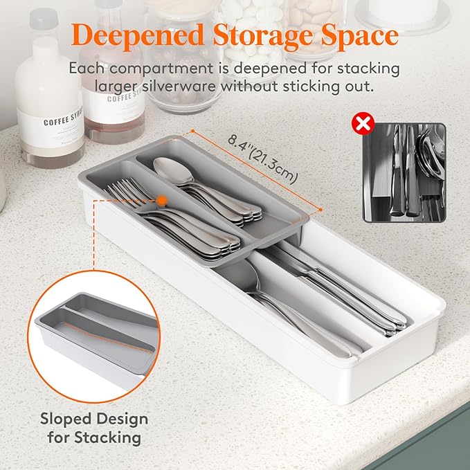 Lifewit Compact Silverware Organizer for Kitchen Drawer, Narrow Flatware Tray Holder, Plastic Cutlery Spoons, Forks and Knives Storage, White&Gray, 1 Pack