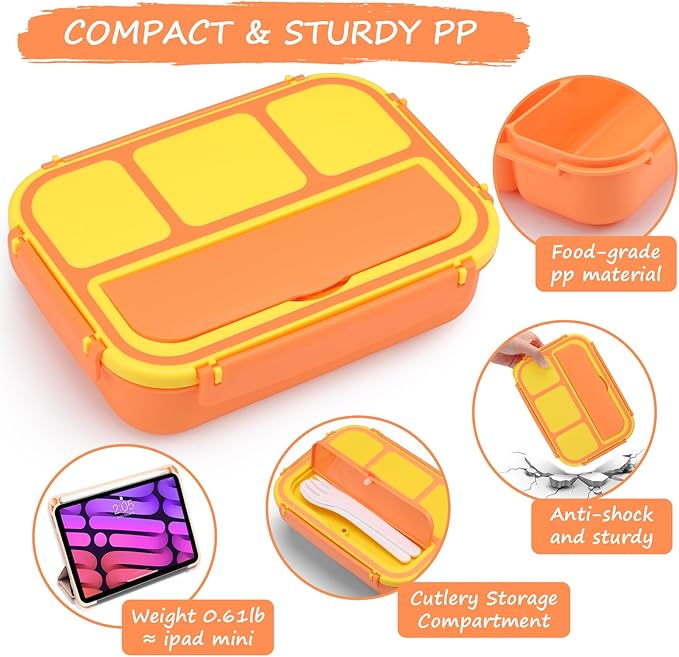 QQKO Bento Box for Kids Adults, School Toddler Lunch Box for Boys Girls, Lunch Box Containers with 4 Compartments, Sauce Container, Utensils, Food Picks and Muffin Cups for School, Orange Yellow