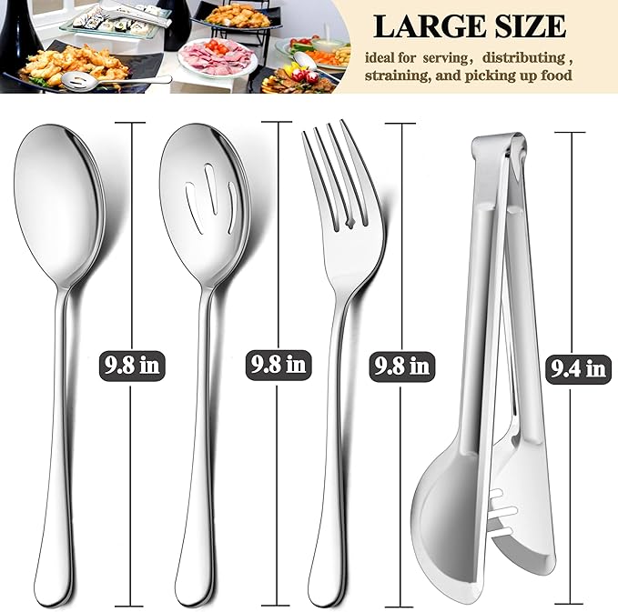 LIANYU 12-Piece Large Serving Utensils Set, Include 9.8 Inch Slotted Spoons and Forks, 9.4 Inch Tongs, Stainless Steel Hostess Serving Flatware Set for Catering Party, Dishwasher Safe