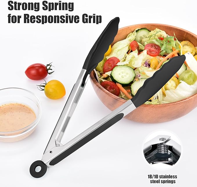 Doosu Kitchen Tongs for Cooking - 600°F Heat Resistant Food Tong Set with Non-Scratch Silicone Tips, Heavy Duty Stainless Steel Locking Tong for BBQ, Grilling Steak, Serving Salad (9+12in, Black)